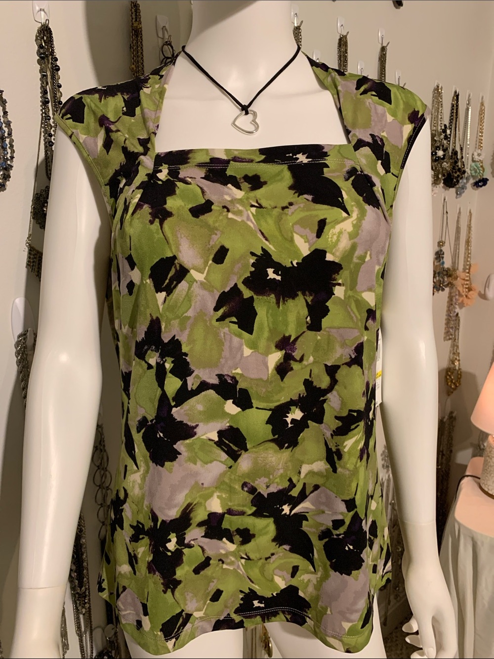 Evan Picone Green, Black & Lavender Floral Square-Neck Camisole with necklace